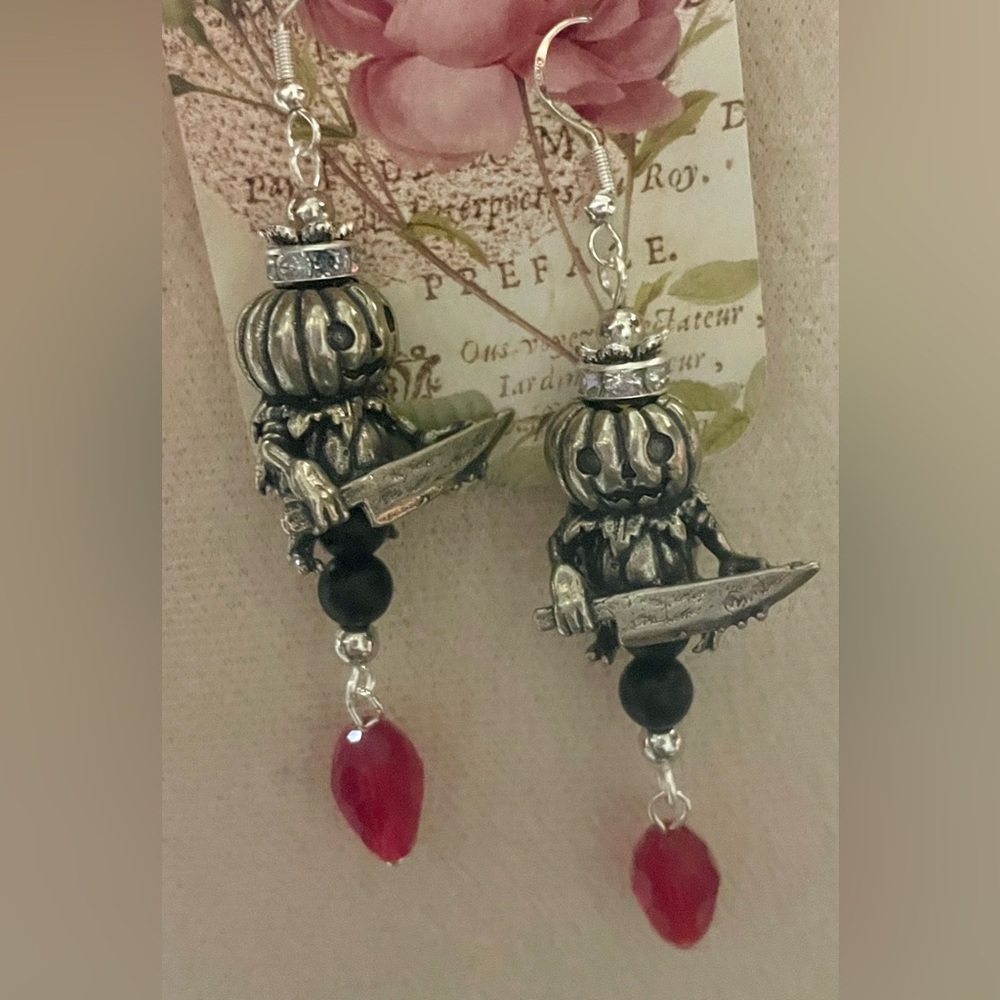 Jack-o-Lantern Goblin Dangle Earrings Silver and Red
